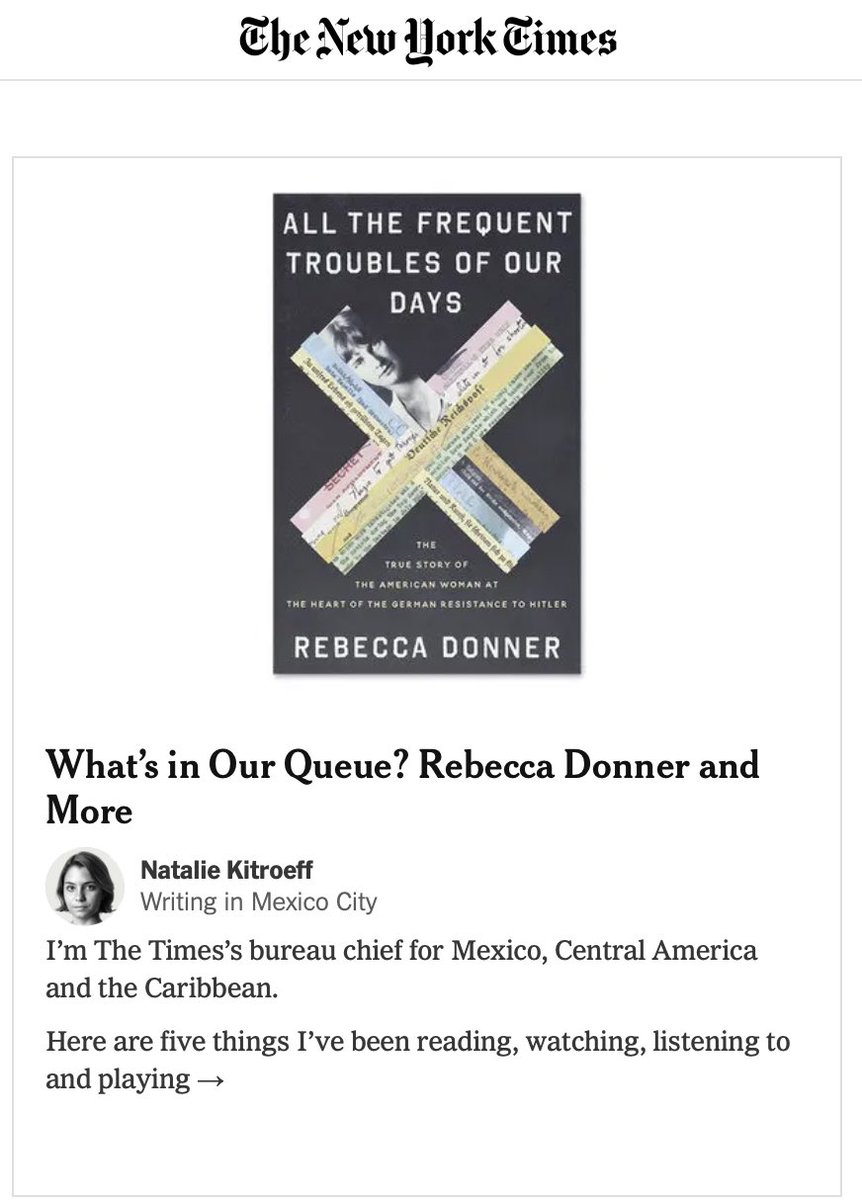 Rebecca Donner (@rrrdonner) on Twitter photo What a magnificent surprise to see my book recommended by <a href="/Nataliekitro/">Natalie Kitroeff</a> on the homepage of today’s New York Times! What a magnificent surprise to see my book recommended by <a href="/Nataliekitro/">Natalie Kitroeff</a> on the homepage of today’s New York Times!