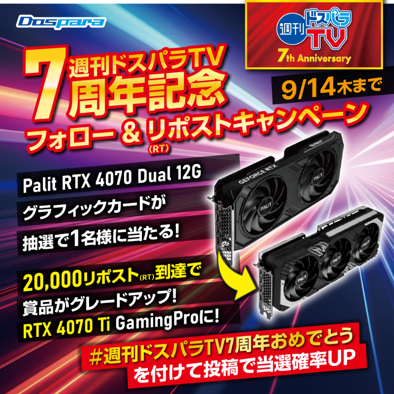 dospara_web's tweet photo. ／
週刊ドスパラTV
7周年記念🎉
＼

@dospara_web フォロー&amp;リポストで
『Palit RTX 4070』グラフィックカードが
抽選で1名様に当たる🎁

20,000リポスト到達で
『Palit RTX 4070 Ti』にグレードアップ✨

#週刊ドスパラTV7周年おめでとう
投稿で当選確率UP👍

https://t.co/EJynuhDNUc #ドスパラ