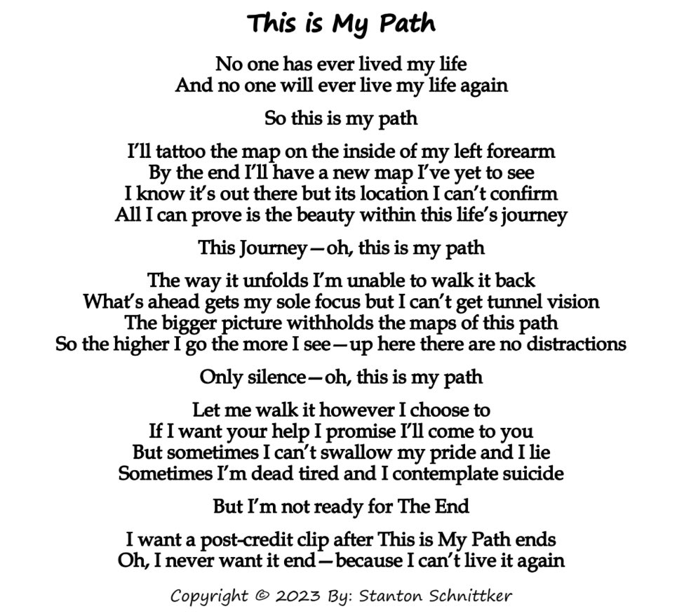 stanton_2o's tweet image. This is My Path
Daily Post #453

-

#Path #mypath #JourneyOfLife #journey #adventure #Wisdom #wordsofwisdom #life #lifeadvice #lifelessons #lifelesson #art #artist #writer #writing #poetry #poet #poets #poem #poems #PoemADay #tattoos #tattooart #selfhelp #poetrycommunity #suicide