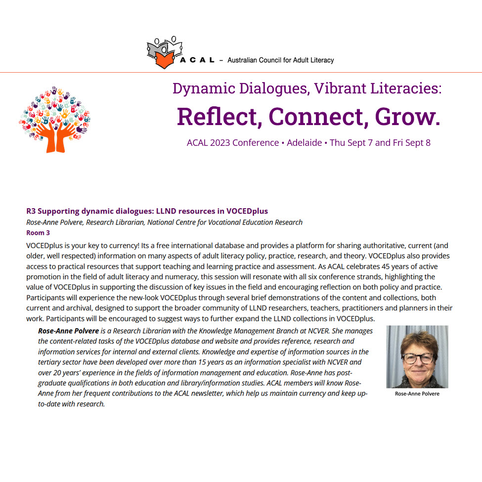VOCEDplus's tweet image. If you're at this year's @ACAL_AUS Conference in Adelaide, you have an opportunity to find out about our new special #LLND collection from @NCVER's Rose-Anne Polvere who is presenting today at 1.45 pm 👉 acal.edu.au/23conf-program/ 
#ALW2023 #AdultLearnersWeek