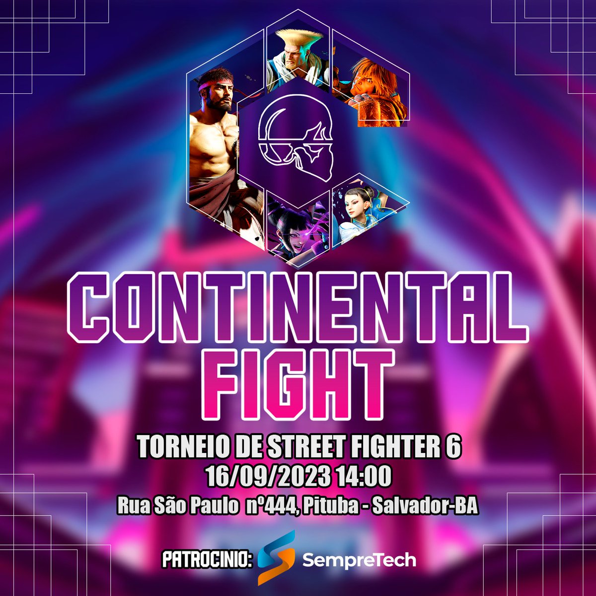 Ocontinentalfgc's tweet image. Salvador, Bahia receberá o 1º Torneio Street Fighter 6 em 16/09/2023, na loja SempreTech. Venha competir, vencer e fazer história no cenário de eSports da cidade! Mais informações em breve. 🎮🥊 #StreetFighter6 #TorneioSalvador #SempreTech #eSports