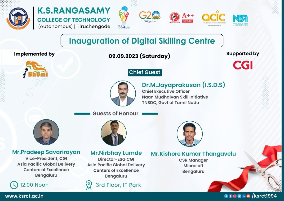 ksrct1994's tweet image. The #DigitalSkillingCentre (DSC) will be inaugurated at  #ksrct1994 on September 9, 2023. The IT giant #DxCTechnology has provided the #digitalinfrastructure, #Microsoft has facilitated the content, and #CGI has been delegated the implementation role with the support of #BhumiNGO