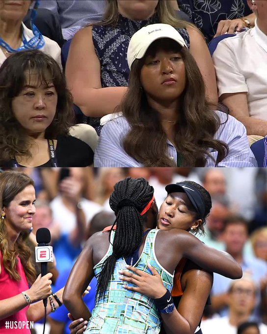Split photo of Noami Osaka watching and her hugging Coco Gauff in 2019. 