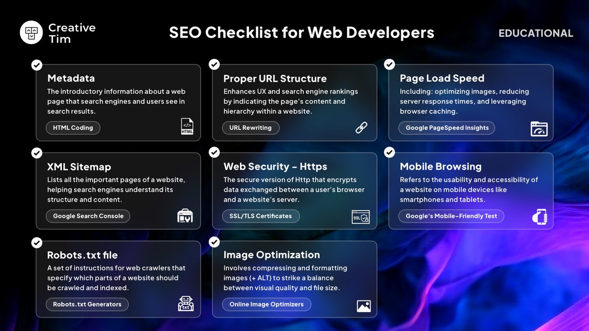 CreativeTim's tweet image. 🌐✨ Dive into our latest treasure, the "SEO Checklist for Web Developers."
📊⚙️ Uncover the path to SEO mastery – from URL structure to optimal site speed.
Don't miss out on higher search rankings! 🚀🔝
bit.ly/3ZaSUvD
#SEOBoost #WebDevMagic #ClimbTheRanks