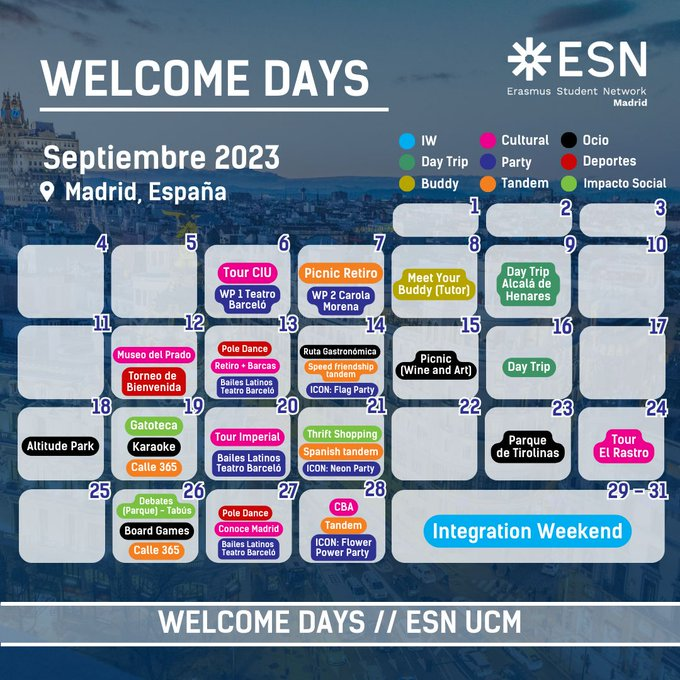 OficinaRI_UCM's tweet photo. 🗣️No te pierdas los 'Welcome days' que organiza @ESNUCM para estudiantes #Erasmus !! Hay un montón de actividades en septiembre !! 👇 https://t.co/5sQerB9TYm
