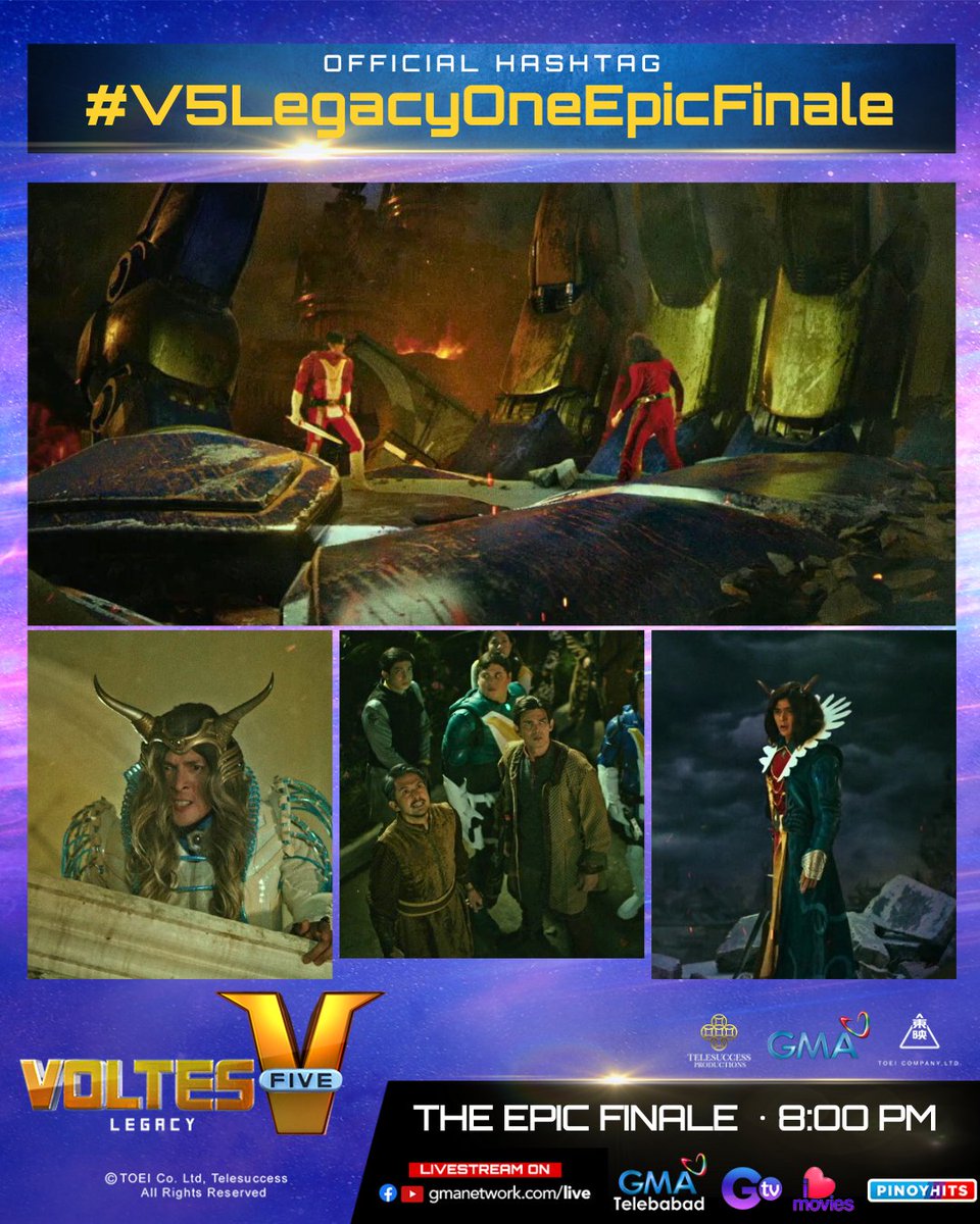 Are you ready for #V5LegacyOneEpicFinale?! TONIGHT'S THE EPIC FINALE of #VoltesVLegacy! Tumutok na mamayang 8PM sa GMA Telebabad and Kapuso Stream at sumama na sa ating #V5LegacyRoadToVictory!