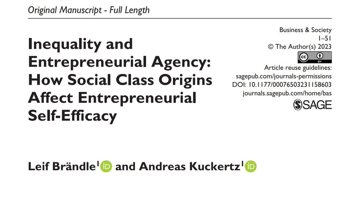 BASeditors's tweet photo. ONLINE FIRST! How do individuals’ social class origins influence the formation of their entrepreneurial agency beliefs? Read new work by @LeifBraendle &amp;  @AndreasKuckertz (@UniHohenheim). #entrepreneurship #inequality. The full article is OPEN ACCESS here: https://t.co/agHBpm3cxv https://t.co/RhMjoFs4a8