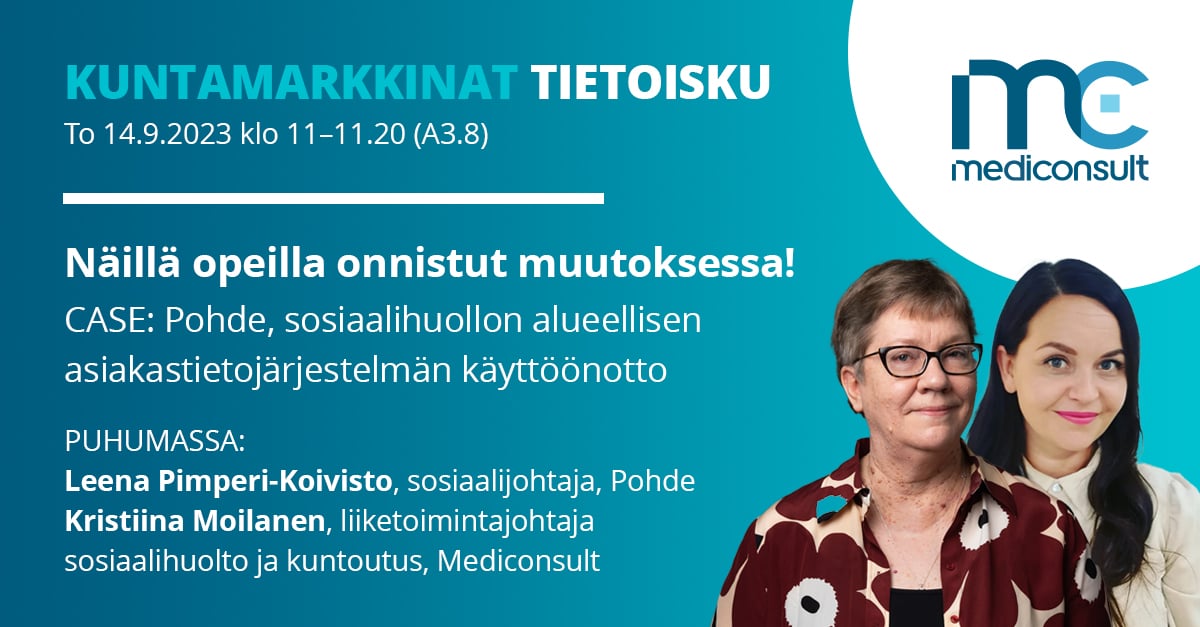 Ensi viikolla Kuntamarkkinat 🌟! 

Tule juttelemaan #sote-tietojärjestelmistä osastollemme 3. kerrokseen.

Merkitse myös kalenteriisi <a href="/KristiinaHy/">Kristiina Moilanen</a> <a href="/PKLeena/">LeenaPimperiKoivisto</a> tietoisku, jossa avataan <a href="/Pohde_fi/">Pohjois-Pohjanmaan hyvinvointialue</a> asiakastietojärjestelmän käyttöönoton oppeja ja oivalluksia💡.

#mediconsult #sotedigi