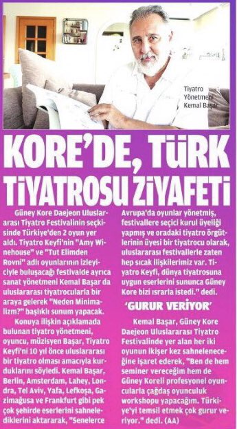 tiyatrokeyfi's tweet photo. “Amy Winehouse” ve “Tut Elimden Rovni” adlı eserlerimiz 17 - 24 Eylül arasında Güney Kore’de Daejeon Uluslararası Tiyatro Festivali’nde sahnelenecek. Sanat yönetmenimiz Kemal Başar da “Neden Minimalizm” başlıklı sunumuyla Güney Kore’de uluslararası tiyatro adamlarına seslenecek. https://t.co/Te3uhTtfMM