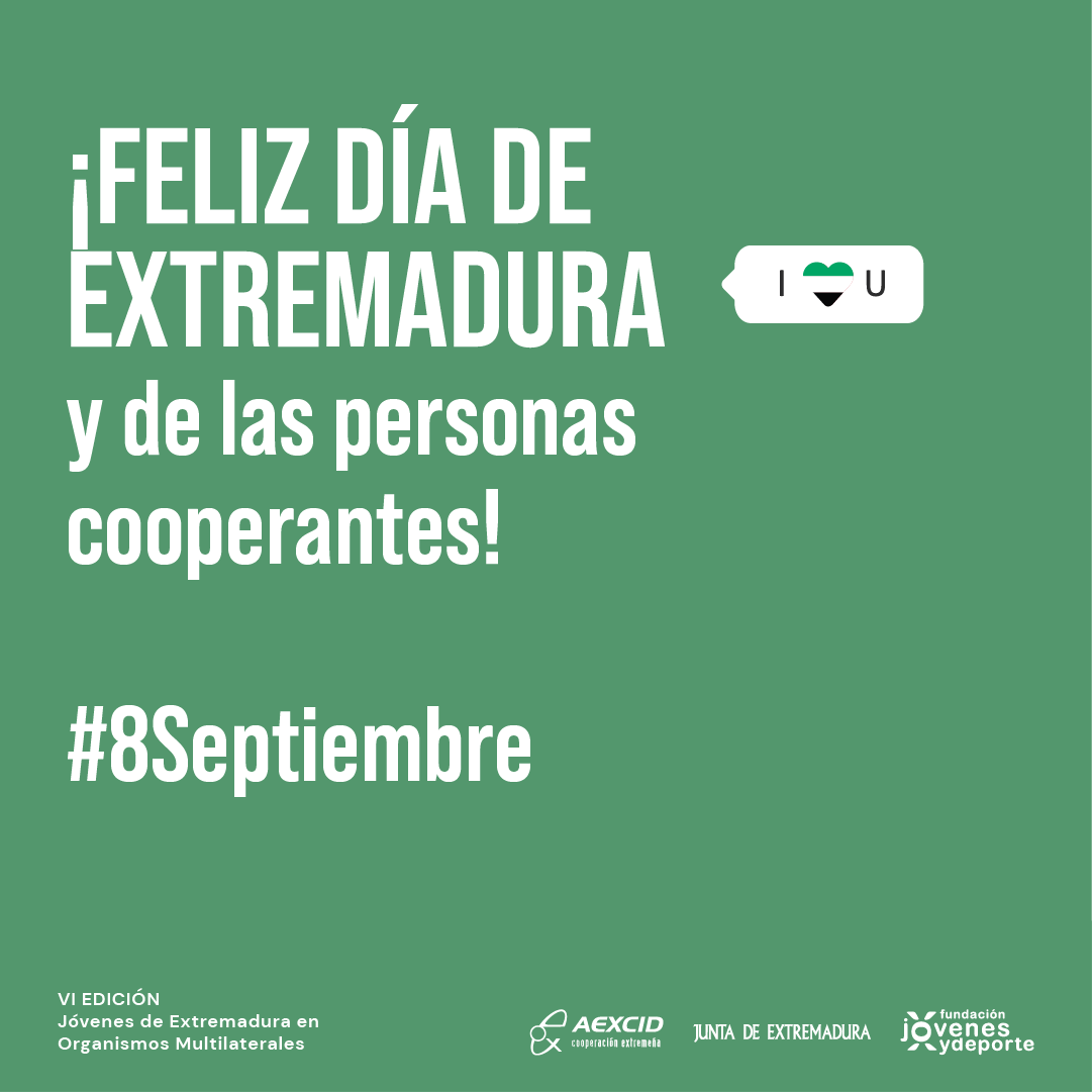 JovenesextOOMM's tweet photo. Hoy 8 de septiembre es el #DíadeExtremadura 🟢⚪️⚫️, pero también es el #DíadelasPersonasCooperantes.

Por eso queremos agradecer el esfuerzo, compromiso e implicación de todas las personas que habéis participado en el programa Jóvenes de Extremadura en Organismos Multilaterales. https://t.co/Nph9em3L8G