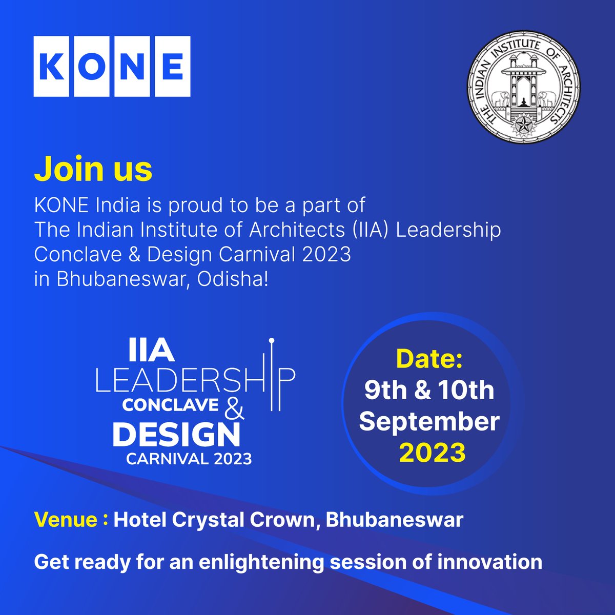 KONEIndia's tweet photo. See you tomorrow for a day filled with creativity and design excellence!
#KONEIndia #IIALeadershipConclave #IIADesignCarnival #Bhubaneswar https://t.co/pHFvWpbcfU