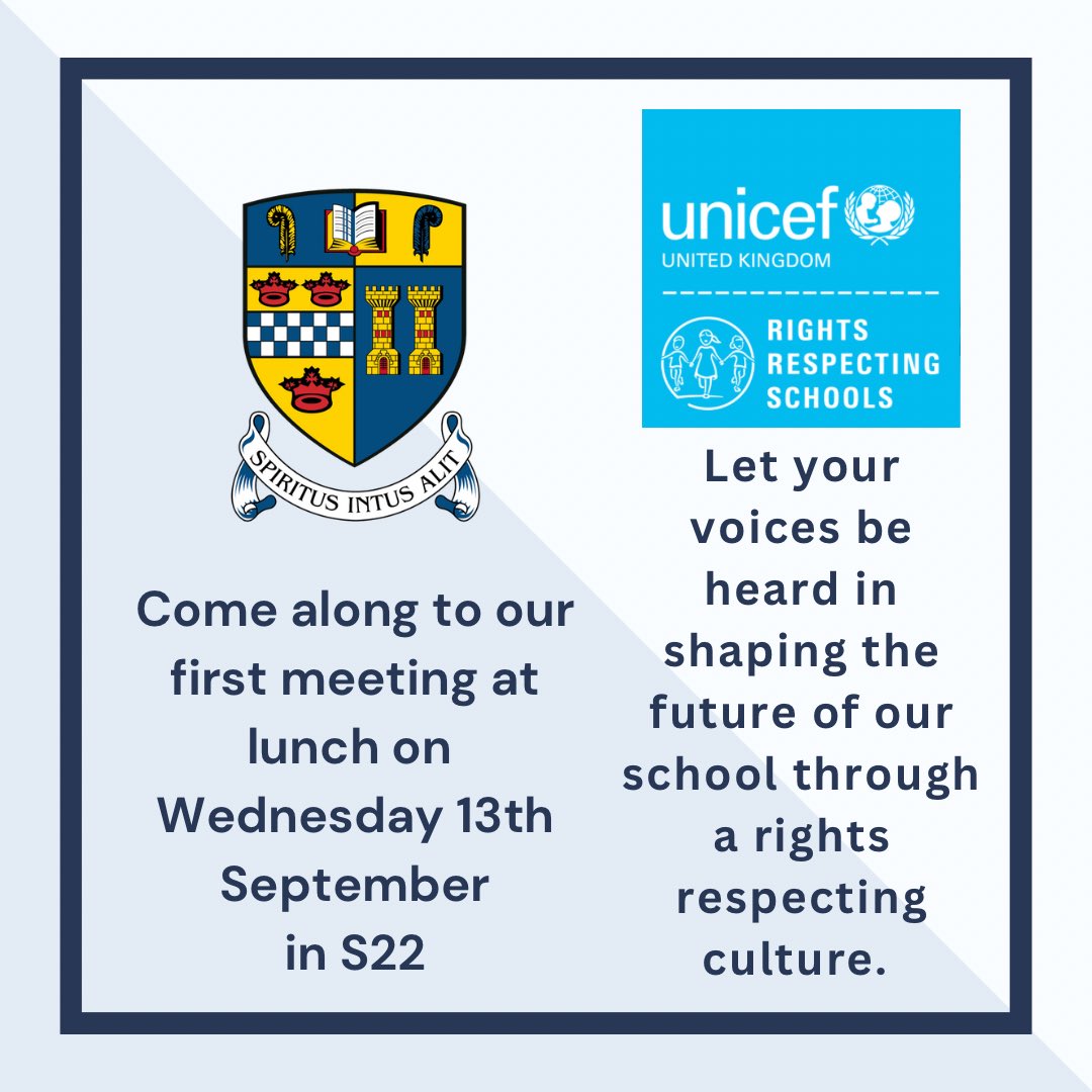 Come along to the Rights Respecting School Group on the 13th September at lunchtime in S22. We are so excited to invite and welcome new members who want to work to improve our school. #rightsrespectingschool #ambition #inclusion #integrity #respect