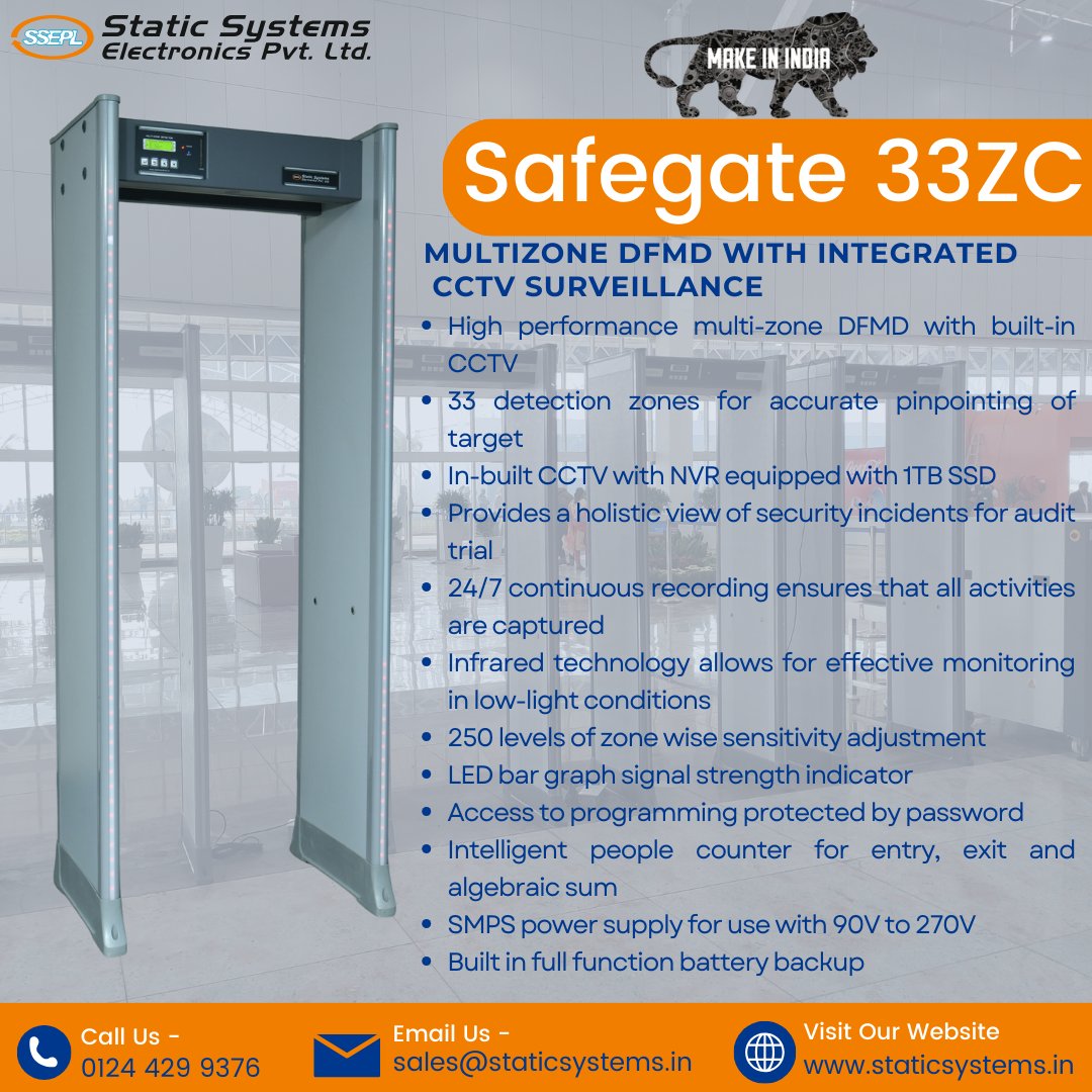 StaticSystemsIn's tweet image. The Safegate 33ZC is a cutting-edge #Multizone #Door #Frame #Metal #Detector with integrated #CCTV #Surveillance, designed to ensure the highest level of #security in various environments. 

Contact us - 0124 429 9376