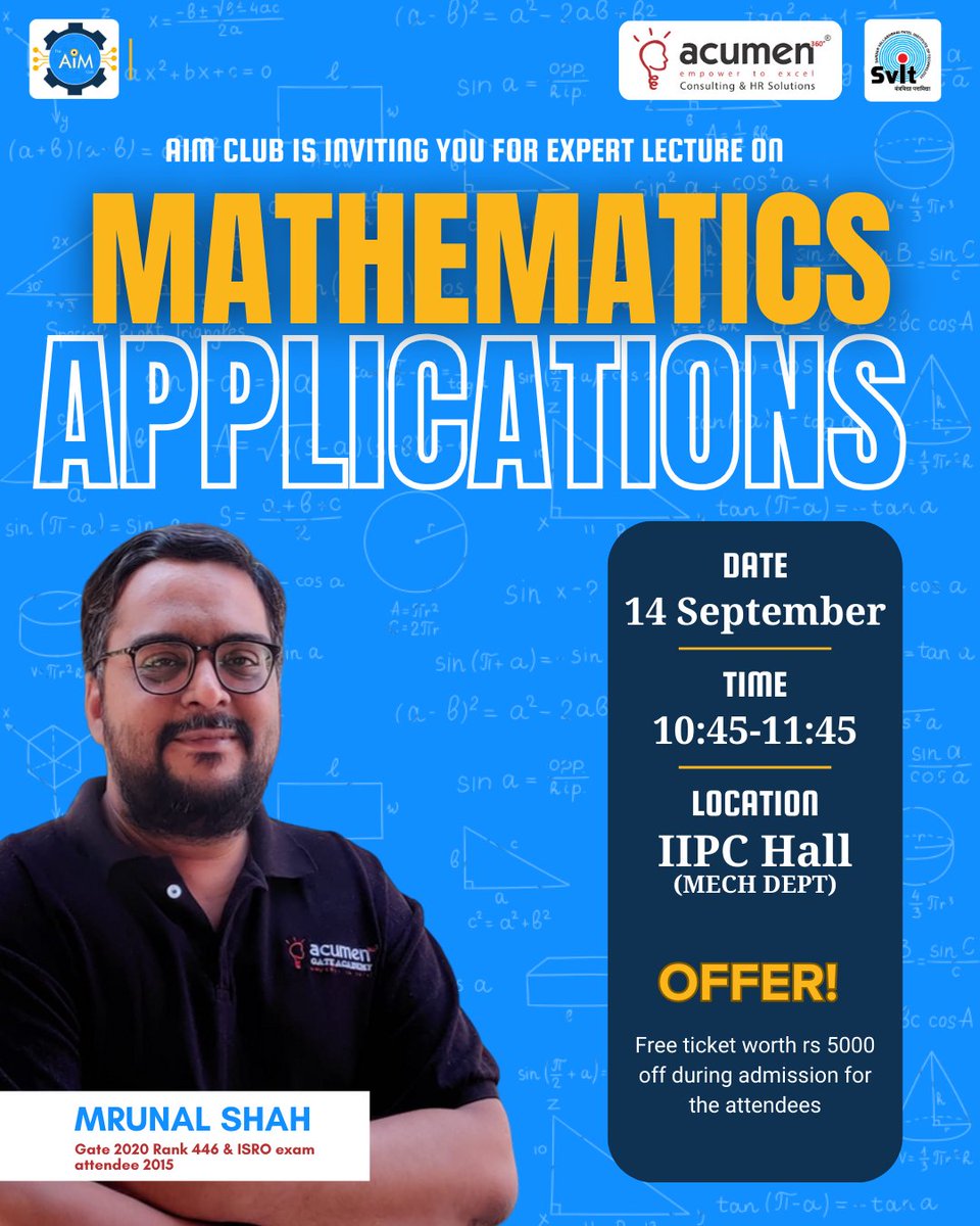 AIM_Club23's tweet photo. ๐งฎ Join us on 14th Sept 2023 for Mrunal Shah's expert lecture on "Mathematics & Engineering" at A.I.M. Club. With 5+ years of GATE & ISRO success, he's the mentor you need! Boost your math skills!
Register : https://t.co/wF6e42VSUo
#Engineering #aimclub https://t.co/j4Iqn2zFPD