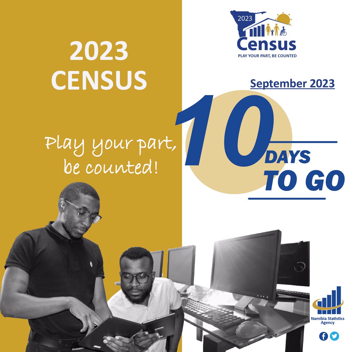namstatsagency's tweet photo. 10 DAYS TO GO before the NSA commences with the 2023 Population and Housing Census.
#NSA_Namibia #NamStatistics #Namibia #NamCensus2023 #PlayYourPartBeCounted 🇳🇦 https://t.co/TKsowxtLAh