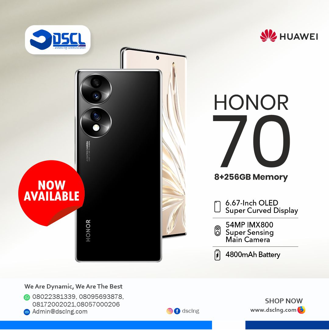 dsclng's tweet photo. The Honor 70 comes packed with a huge screen, three fantastic cameras on the back, &amp; a solid 32 MP front-facing option.
Body: 161.4x73.
Display: 6.67" OLED,
1B colors,
120Hz,
1080x2400px resolution,
20:9 aspect ratio,
HDR10+ 395ppi

Now available in all our stores and websites. https://t.co/iVSf8C6iVo
