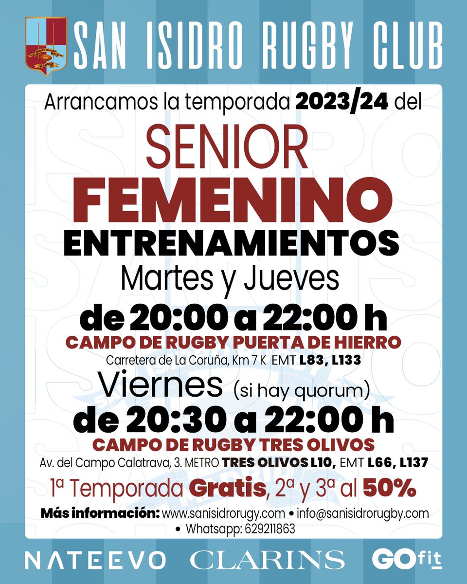 sanisidrorugby's tweet photo. Apostando por #rugbyfemenino, plan 3 años nuevas jugadoras:
1ª temp: Cuota 0
2ª y 3ª temporada: 50% cuota
Y no vas a jugar al rugby?
#fuencarral #fuencarralrugby #tresolivos #vasanisiva #sangreycielo #sanisi30años
@nateevo_digital @GOfit_es @Nebrija @RugbyMadrid @JMDFuencarral https://t.co/6xjuepmn4b