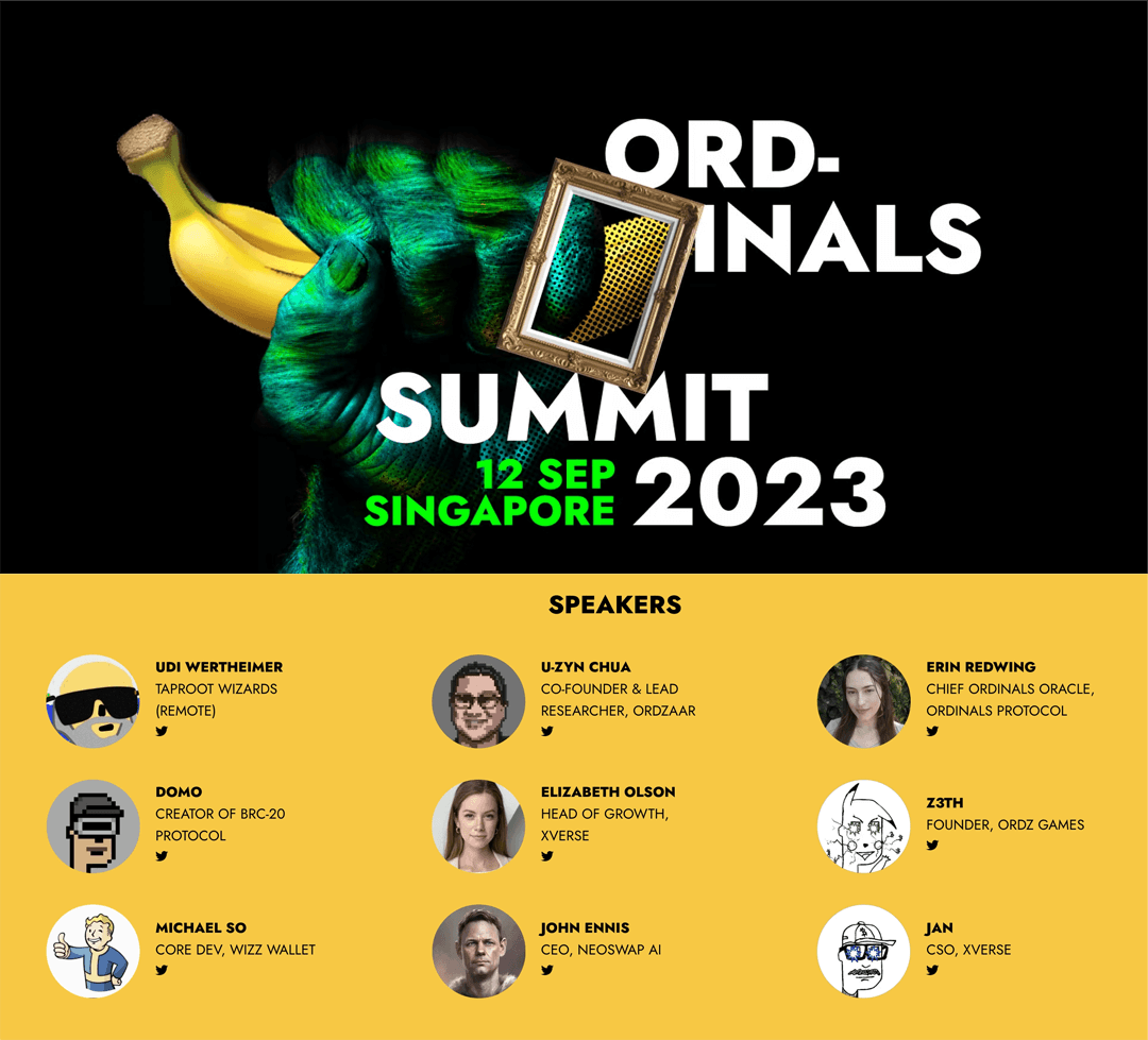 The @OrdinalsSummit in Singapore is in just 5 days and features keynote speeches from prominent Ordinals leaders such as @udiWertheimer and more! @ghostcorn from WizzWallet will also be speaking at the event Make sure to use code 'WIZZWALLET' for 10% off! lu.ma/ordsummit2023
