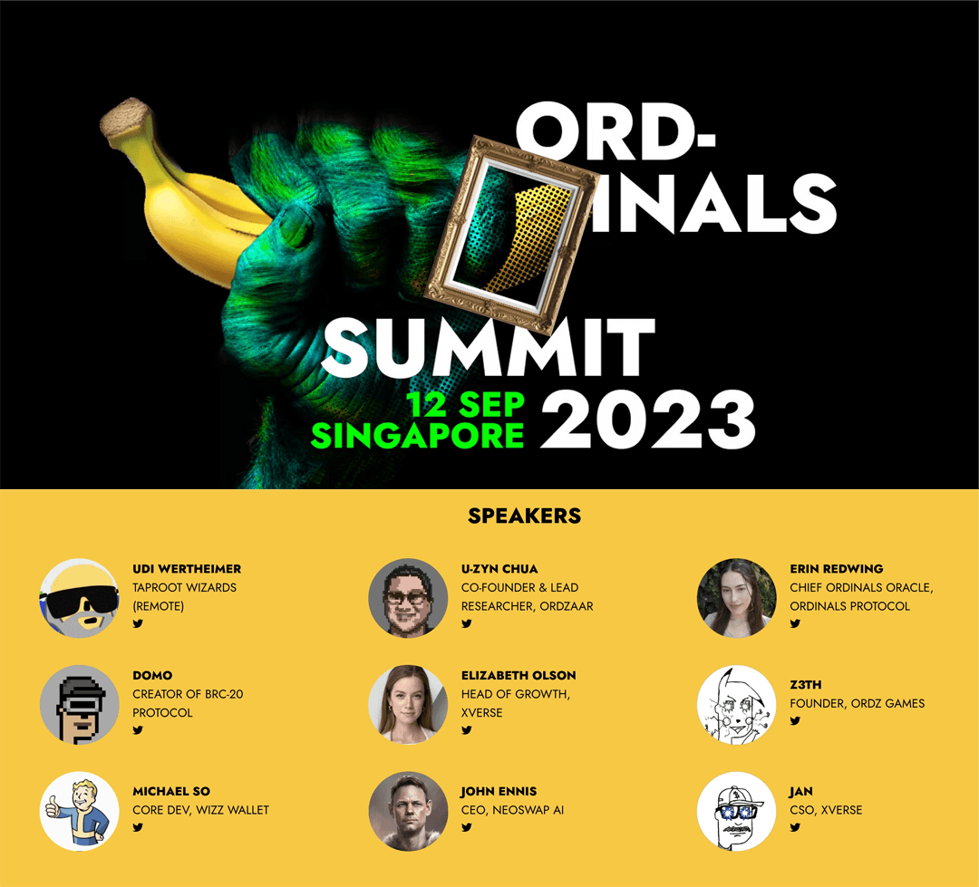 OrdCon (@ordcon_) on Twitter photo The <a href="/OrdinalsSummit/">Inscribing Summit πΈπ¬</a> in Singapore is in just 5 days and features keynote speeches from prominent Ordinals leaders such as <a href="/udiWertheimer/">Udi Wizardheimer</a> and more!
<a href="/ghostcorn/">neeboo</a> from WizzWallet will also be speaking at the event
Make sure to use code "WIZZWALLET" for 10% off! lu.ma/ordsummit2023 The <a href="/OrdinalsSummit/">Inscribing Summit πΈπ¬</a> in Singapore is in just 5 days and features keynote speeches from prominent Ordinals leaders such as <a href="/udiWertheimer/">Udi Wizardheimer</a> and more!
<a href="/ghostcorn/">neeboo</a> from WizzWallet will also be speaking at the event
Make sure to use code "WIZZWALLET" for 10% off! lu.ma/ordsummit2023