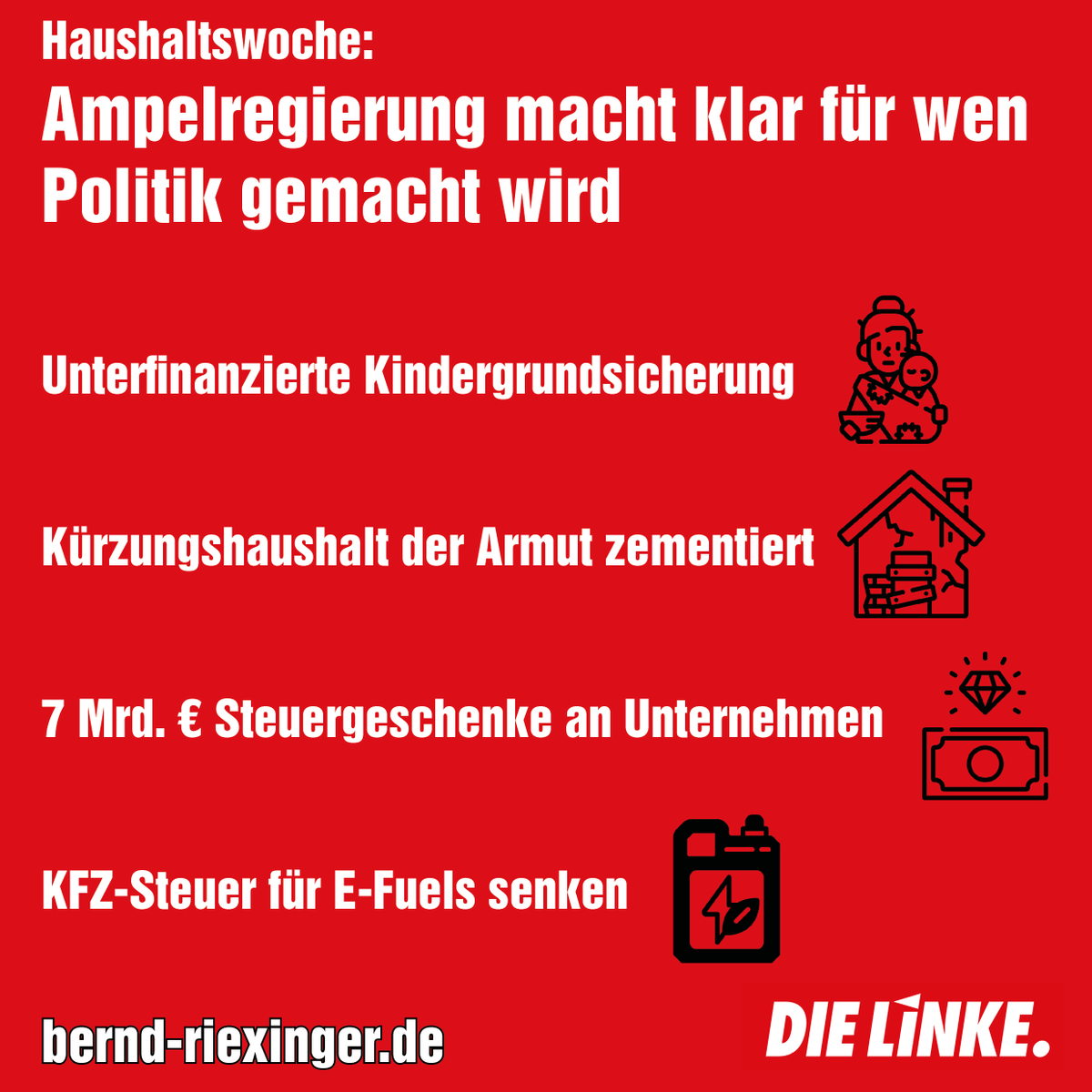 b_riexinger's tweet image. Die #Generaldebatte zum Haushalt ist vorbei. Zeit für ein Fazit: SPD, Grüne und FDP führen eine Umverteilung von unten nach oben durch. Die rechte "Opposition" überbietet sich darin, wie man wahlweise mehr Steuergeschenke an Reiche verteilt, weniger an Arme und noch weniger