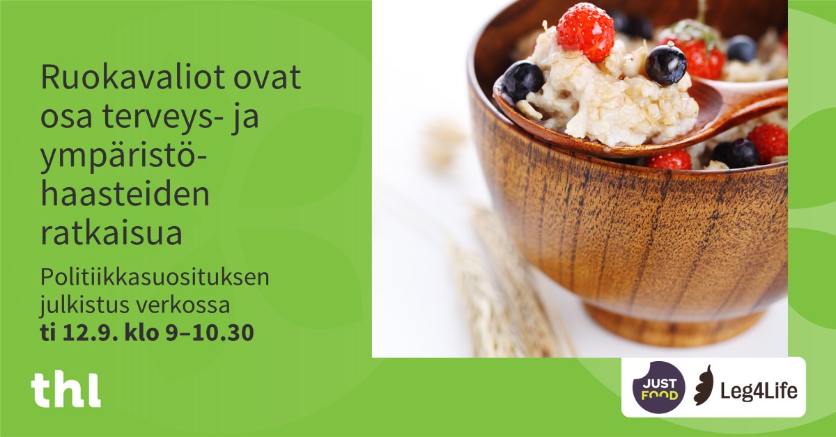 Julkistamme 12.9. <a href="/justfood_stn/">justfood_stn</a> kanssa ravitsemussuositusten uudistustyöhön liittyvän politiikkasuosituksen. Vielä tänään ehdit ilmoittautua mukaan! Lisätiedot ja ilmoittautuminen: thl.fi/fi/ajankohtais… <a href="/Akatemia_STN/">Strateginen tutkimus</a> <a href="/helsinkiuni/">University of Helsinki</a> <a href="/THLorg/">THL</a>