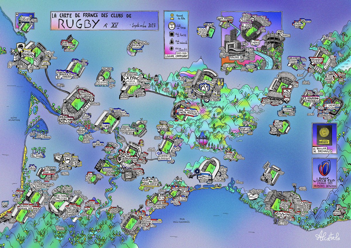 Alexismouss's tweet image. A l’occasion de la coupe du monde de rugby à XV qui commence aujourd’hui en France, j’ai dessiné la carte de tous les clubs emblématiques de rugby 🏉