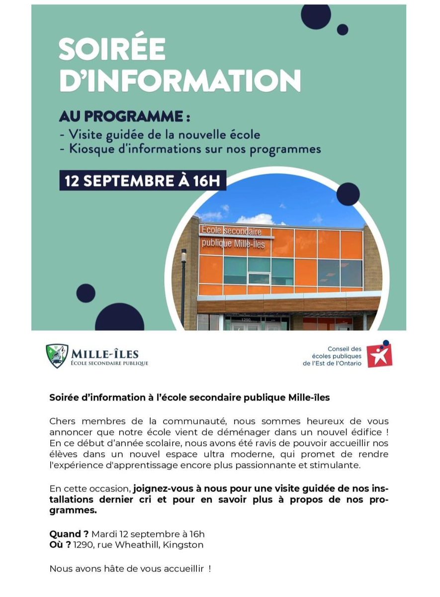 INVITATION SOIRÉE D'INFORMATION La soirée d’information à l’école secondaire publique Mille-Îles aura lieu le mardi 12 septembre dès 16 heures! Nous vous attendons nombreux au 1290, rue Wheathill à Kingston. Plus d'informations et inscription: mille-iles.cepeo.on.ca/votreecolefran… #ygk