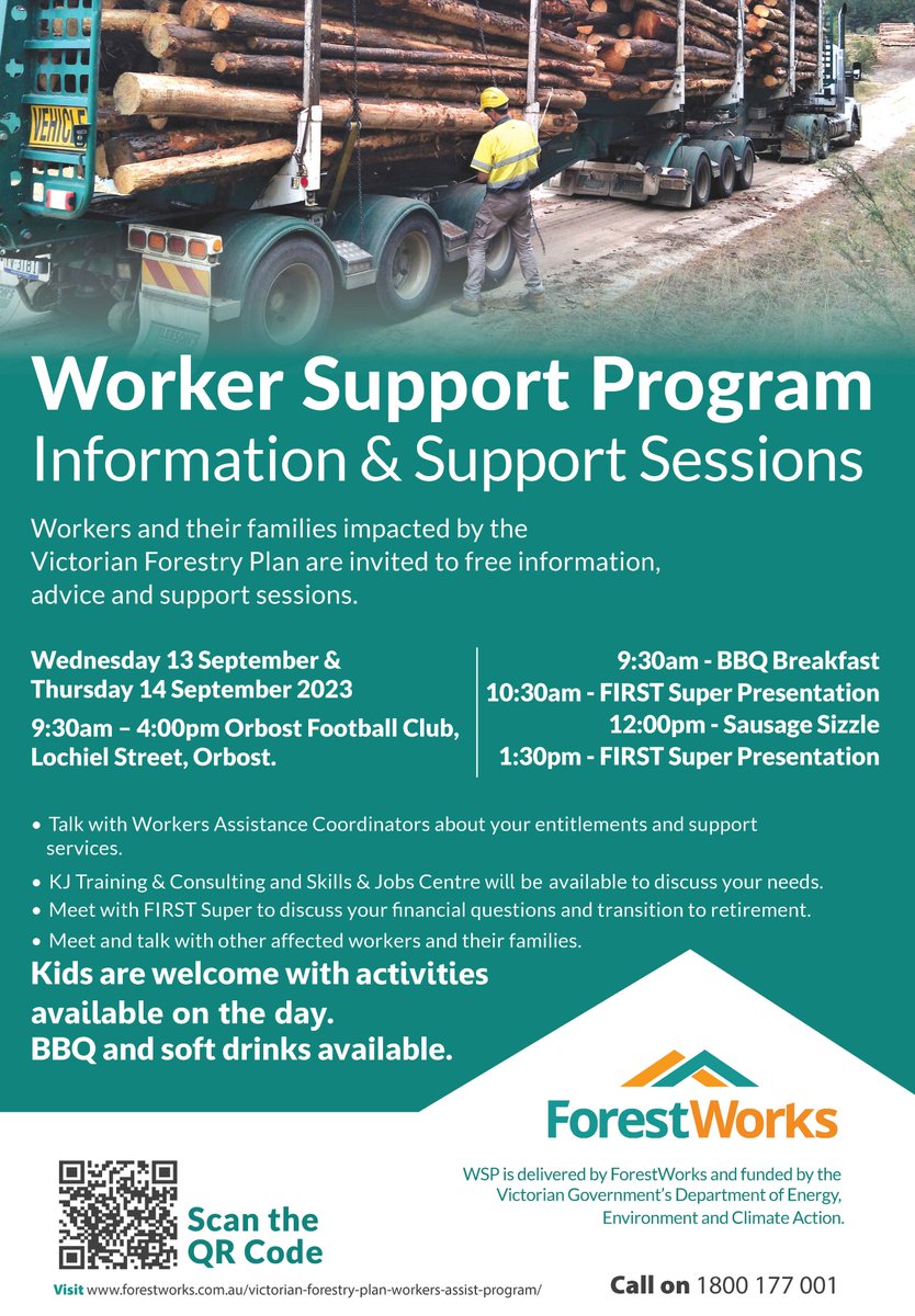 ForestWorks's tweet photo. Come and join us for the free information, advice, and support sessions.
Orbost Football Club. 9.30am-4.30pm, 13 and 14 September 2023. Workers and families impacted by the Victorian Forestry Plan are invited. Kids welcome! https://t.co/puKlzPtpU7