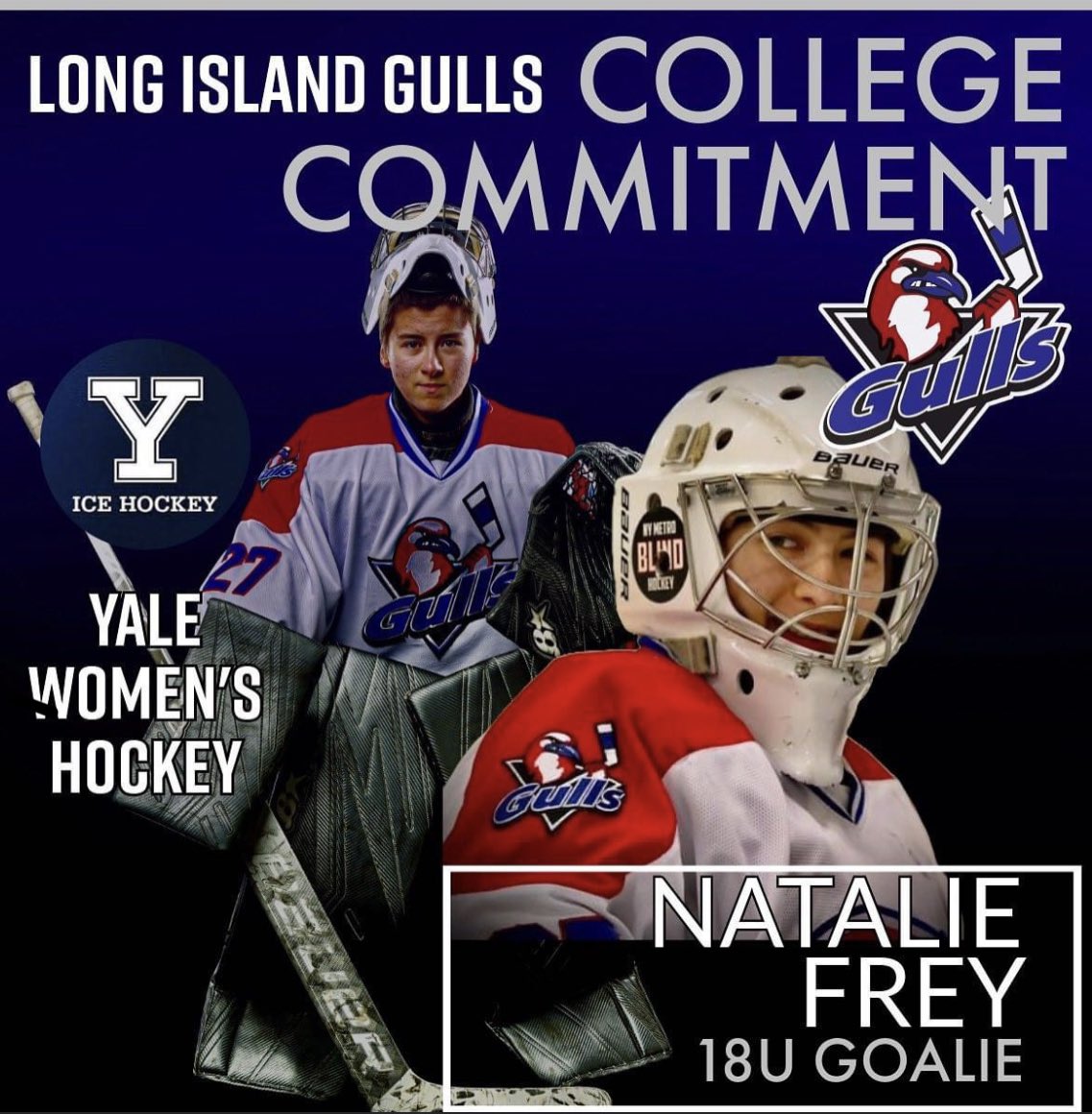 Congrats to Natalie on committing to Yale University!  Natalie is one of our volunteers and proudly wears a NYMBH emblem on her goalie mask, spreading information about Blind Hockey across the country! Well done and well deserved Nat! #BlindHockey