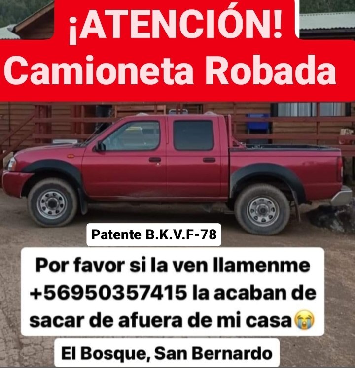 BernardoInforma's tweet photo. ¡ATENCIÓN VEHÍCULO ROBADO!
Nos piden visibilizar.
Camioneta Robada desde Calle lo Blanco
Cualquier información no dude en comunicarse con el número de la publicación.
#SanBernardo #ElBosque #LaPintana #SanRamon #loEspejo #PuenteAlto #BajosdeMena https://t.co/N5lFtuRWTx