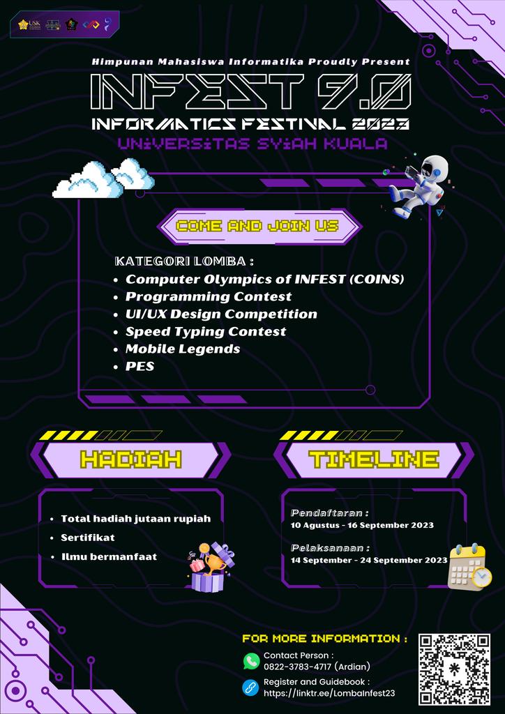 HMIF_USK's tweet photo. 📲 CONTACT PERSON :
Rizka Nuzulia (0852-6142-7858)
Ardian (0822-3783-4717)
Yuk buruan ikutan dan daftar !!
#hmif_usk #infest_usk #lomba #speedtyping #uiux #programmingcontest #olimpiadekomputer #mobilelegend #proevolutionsoccer #lombamahasiswa #universitassyiahkuala https://t.co/pf6CfoWR8G