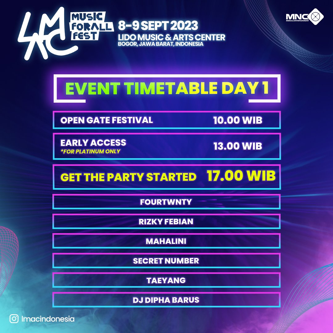 Here's the official rundown of Day 1 #LMACMUSICFORALLFEST - Who's ready to party?! 💃🏼🎉

Please feel free to save or screenshot this post 🥳🤟🏻

#LidoMusicAndArtsCenter #KEKMNCLidoCity #LMACMUSICFORALLFEST2023 #Kpop #Festival #Musicfestival #Konser #Taeyang #SecretNumber