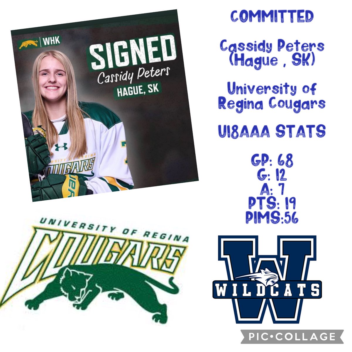 The ⁦<a href="/InnovationCU/">Innovation Federal Credit Union</a>⁩ Wildcats are pleased to announce grade 12 forward, Cassidy Peters, has committed to attend school and play hockey at the University of Regina in 2024-2025.  Peters, a product of Hague is entering her first season with the Wildcats.