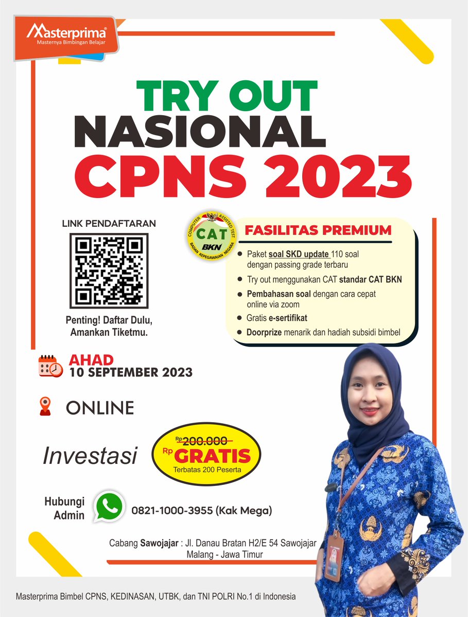 MasterprimaSW's tweet image. Daftar Segeraa !! Try Out Nasional CPNS 2023 , Gratisssssssssssss !!!!!

Link Pendaftaran :
tinyurl.com/tonascpnsswj20…

#infomalang #kabarmalang #tryoutgratis #cpns #cpns2023 #formasimalang #soalskd