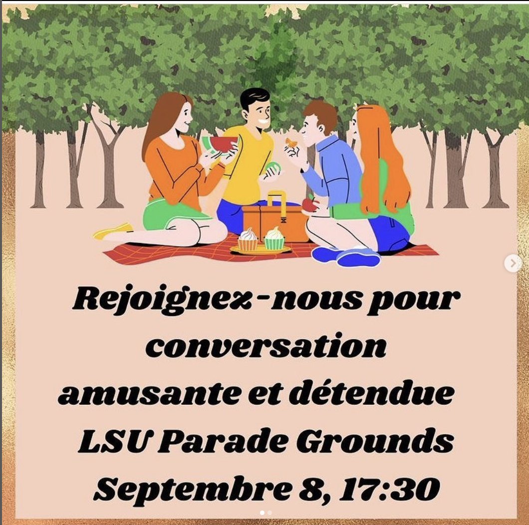 LsuFrench's tweet photo. Salut les amis !!
Hello friends! We are so excited to meet everyone at tomorrow's meeting! We will meet at the Parade Grounds at 5:30, but if weather is bad, we will move to the Student Union. https://t.co/PxJmaxXn3s