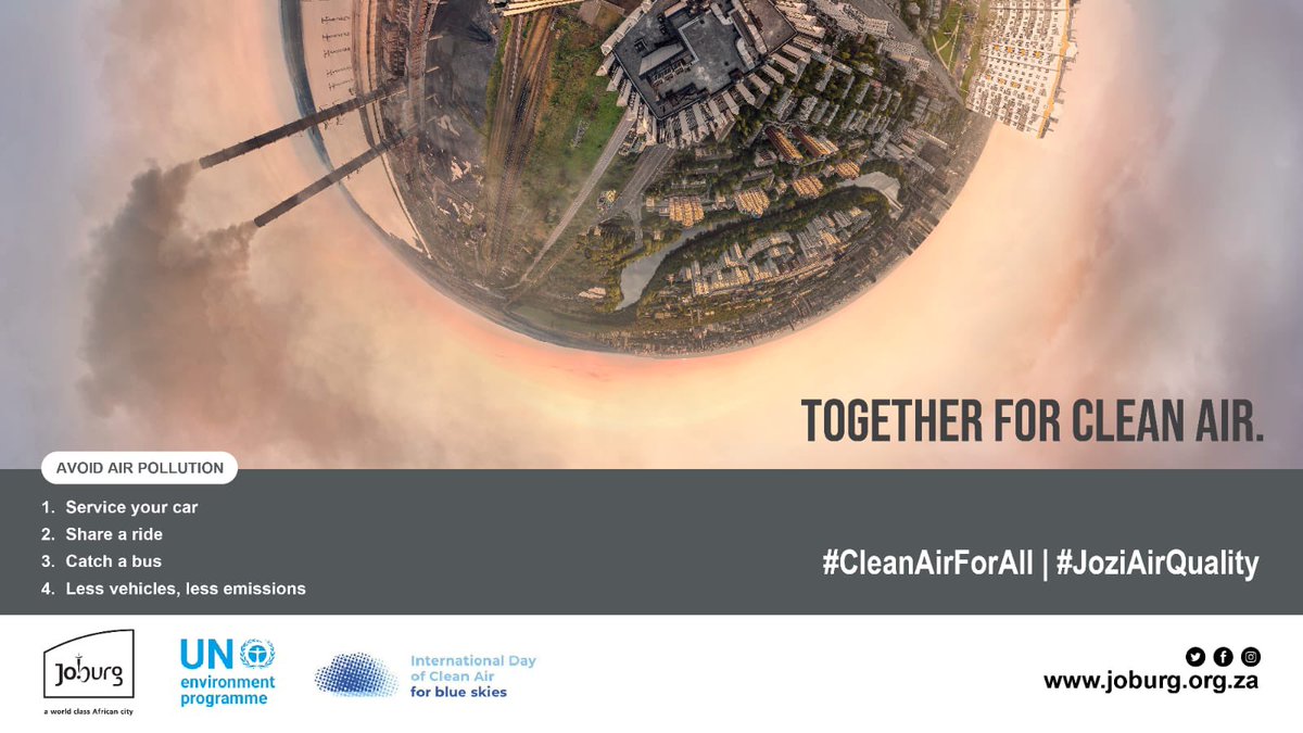 CityofJoburgZA's tweet photo. International Day of Clean Air for Blue Skies is a global initiative by the United Nations (UN) aimed at improving air quality, enhancing global awareness of air pollution, and promote necessary action by various stakeholders. #CleanAirForAIl #JoziAirQuality ^NB https://t.co/kmF3f5Yvra