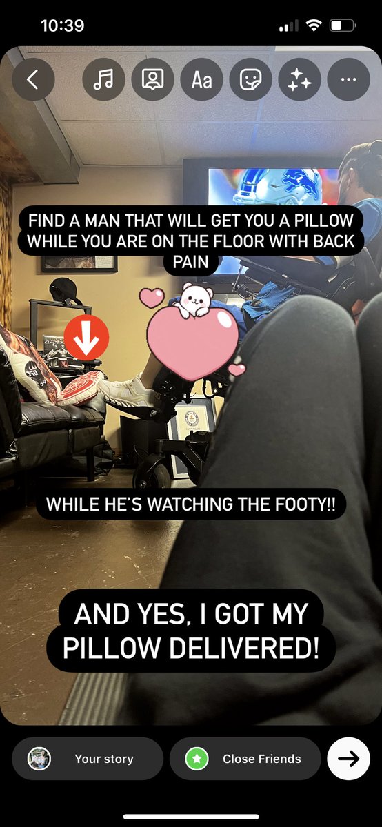 Get you a man that will go a get you a pillow while you’re on the ground with back pain… while he watches the footy 😋