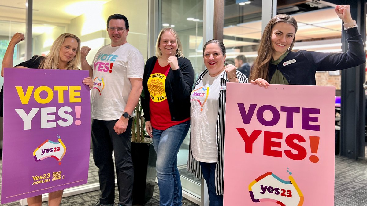 IEUNSWACT's tweet photo. Vote yes! Members of the IEUA NSW/ACT Branch General Executive - Michelle, Simon, Liz, Angela, and Anna - support the Aboriginal and Torres Strait Islander Voice to Parliament. 

#Yes23 #UnionsForYes https://t.co/xUNpg2EdZU