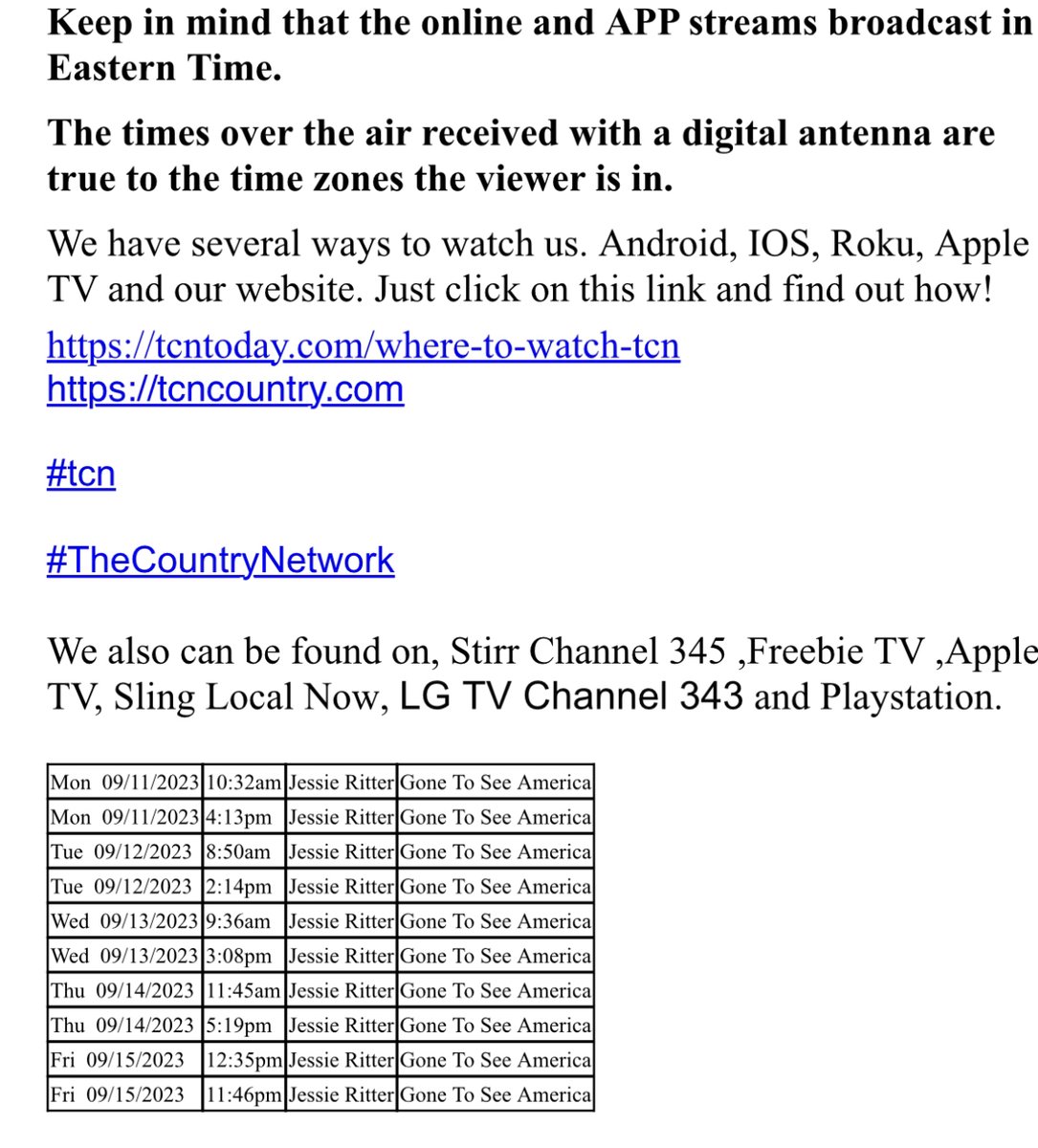 Huge thanks to The Country Network for once again putting my music videos in rotation. I’m so excited to share “Gone To See America” with the world. Swipe to see when and where you can watch this week. The video will keep playing for quite a while! #thecountrynetwork #tcn #goneto