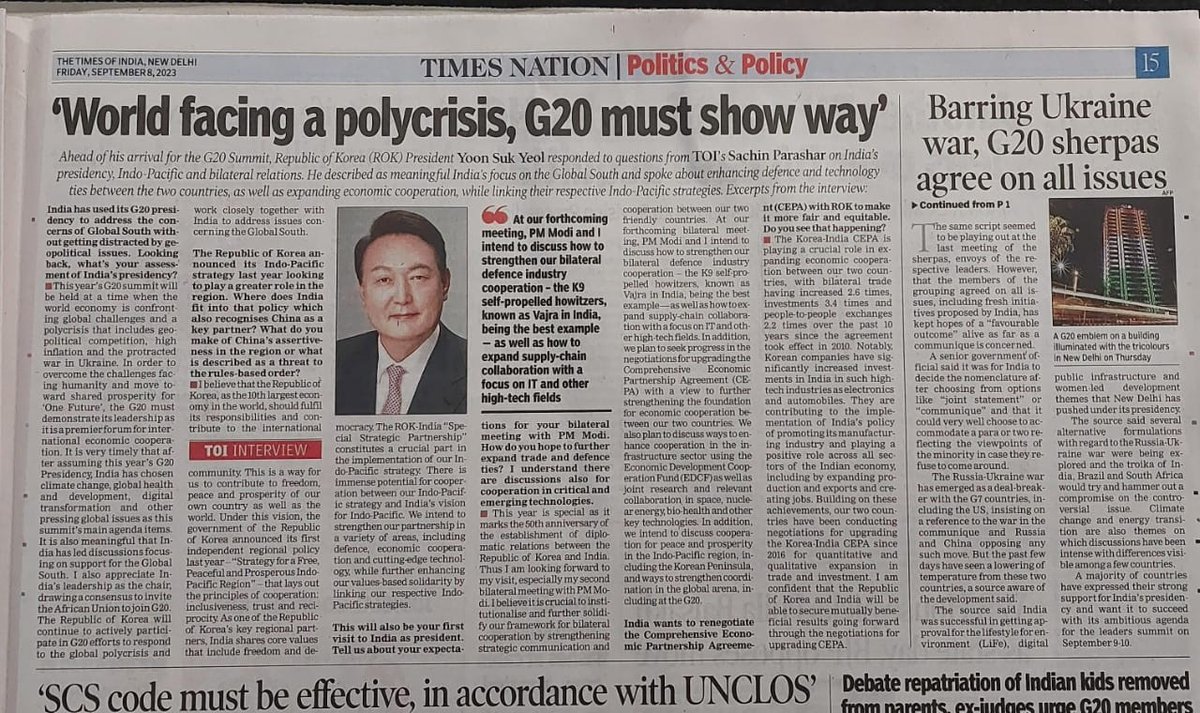 President Yoon Suk Yeol's interview to @timesofindia ahead of his arrival for @g20org Leaders Summit in #NewDelhi RRRouting for a successful G20 under India's Presidency 🙏🇮🇳🇰🇷👍 #G20India2023 #incredibleindia #G20SummitDelhi #RRR #G20IndiaPresidency