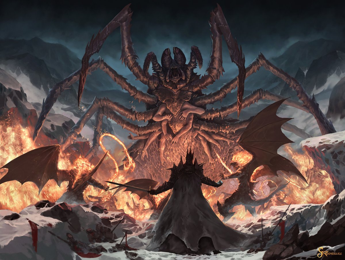 OrtaDunyaCom's tweet photo. Fëanor'un Silmaril'lerini yemek isteyen Ungoliant, Morgoth'u ağına düşürür. Dev örümceğe karşı koyan Morgoth, yeri göğü inleten korkunç bir çığlık atar.

Bu sesi duyan Balrog'lar saklandıkları yerlerden çıkarak Ungoliant'a karşı efendilerini savunurlar.

(Art by @TSRodriguez14 ) https://t.co/7ydcyrUusw