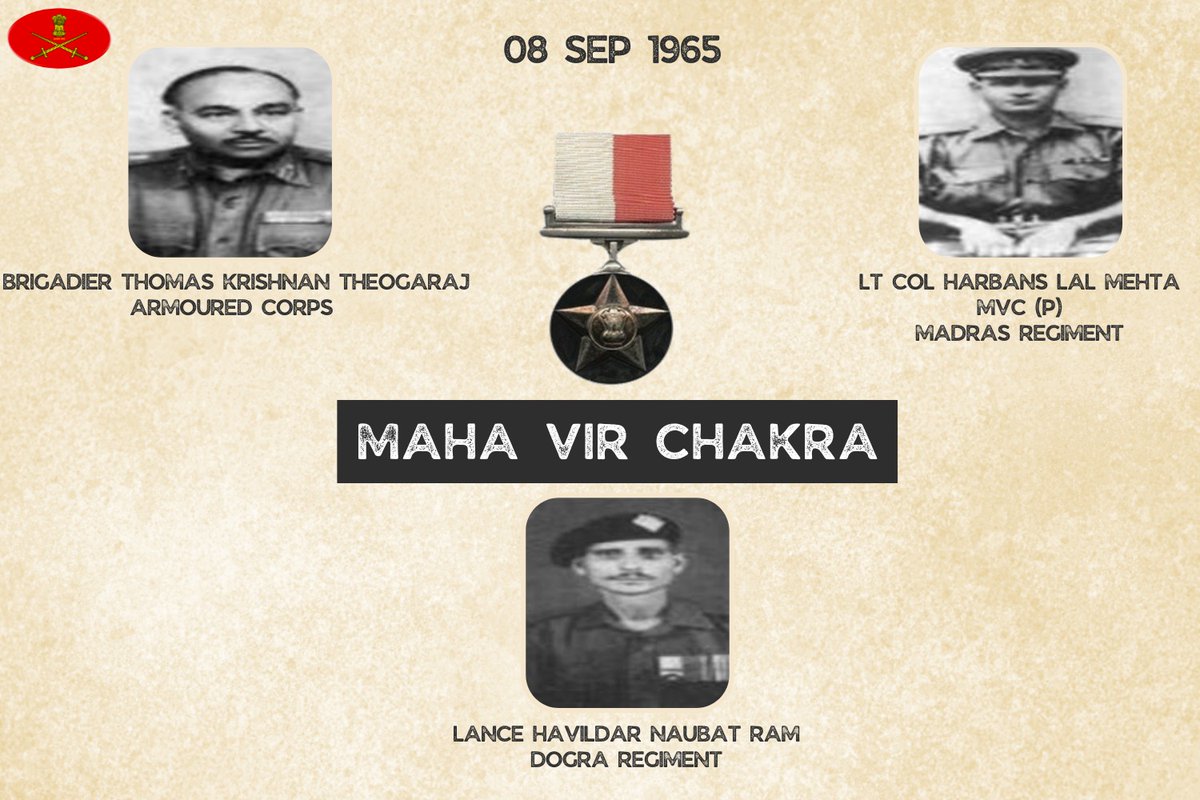 adgpi's tweet photo. 08 September 1965

Brigadier TK Theogaraj, Lieutenant Colonel HL Mehta &amp; Lance Havildar Naubat Ram, displayed undaunted courage, valour &amp; devotion to duty in the face of the enemy. Awarded #MahaVirChakra.

https://t.co/etVSYcOaPu
https://t.co/r6Di2zHch3
https://t.co/jKZST3BleG https://t.co/4OpQ5UZ9U5