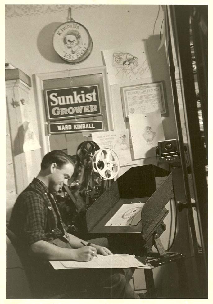 Behind the scenes photos of Ward Kimball animating Jiminy Cricket from Pinocchio.