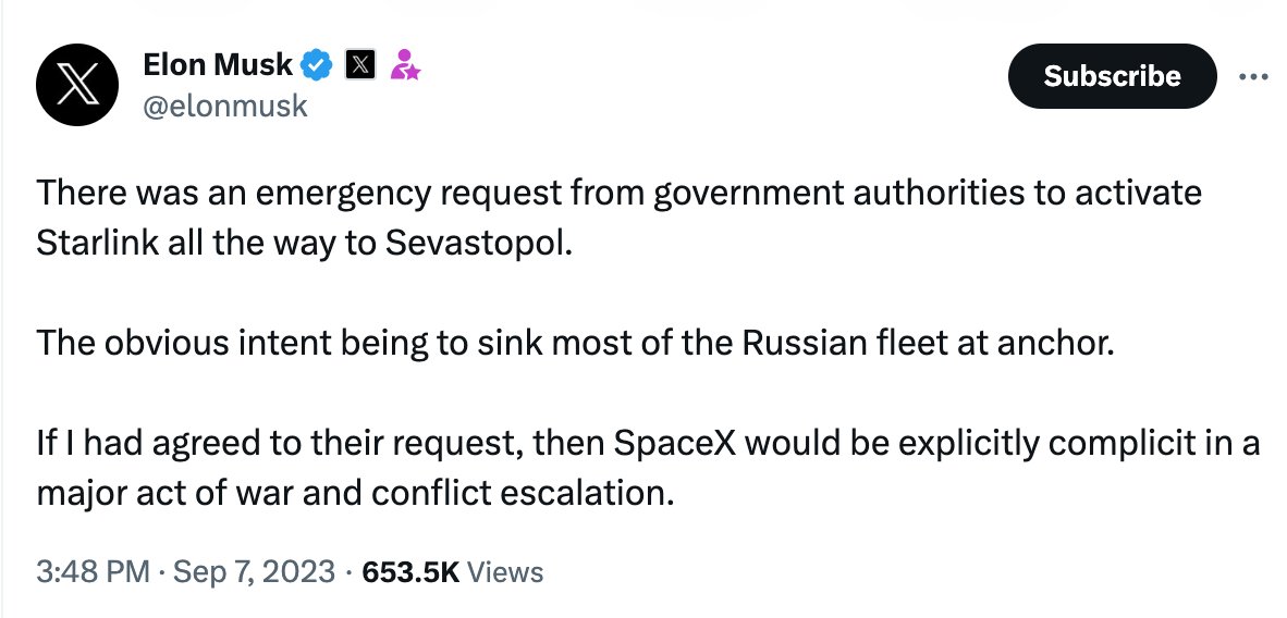@elonmusk @MarioNawfal 'all the way to Sevastopol'—as if that's crazy aggressive. Maybe Musk doesn't know: Ukraine Navy HQ was there for decades before Russia's aggression breaking laws, treaties, & its own contract by invading & annexing Crimea. Crime of the century before its bigger crime in 2022.