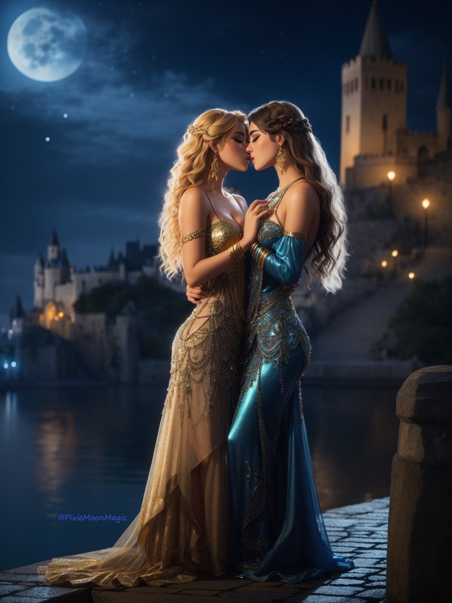 PixieMoonMagic's tweet photo. A moonlit embrace in the city of magic. Art inspired by my writing. #SapphicSeptember #sapphicromance #lgbtromance #fantasyart #leonardoai #fantasywriting #fantasyromance https://t.co/YVRpKYFyZt