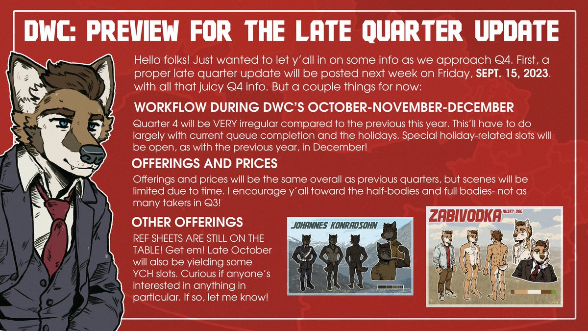 Infurnationale's tweet photo. COMMISSIONS RELATED INFO and whatnot!
-Full Late Quarter update next week
-Workflow preview for Q4
-Reminder of Offerings https://t.co/agzl1PYpUo