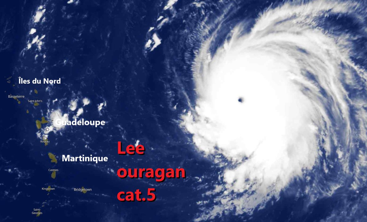 A 23h, le #NHC a officialisé le renforcement de #Lee au stade d'#ouragan majeur extrêmement dangereux et extrêmement destructeur de cat.5 avec des vents moyens de 260 km/h et des rafales estimées à 315 km/h, pression 928 hPa. il est situé actuellement à 1125 km à l'Est de