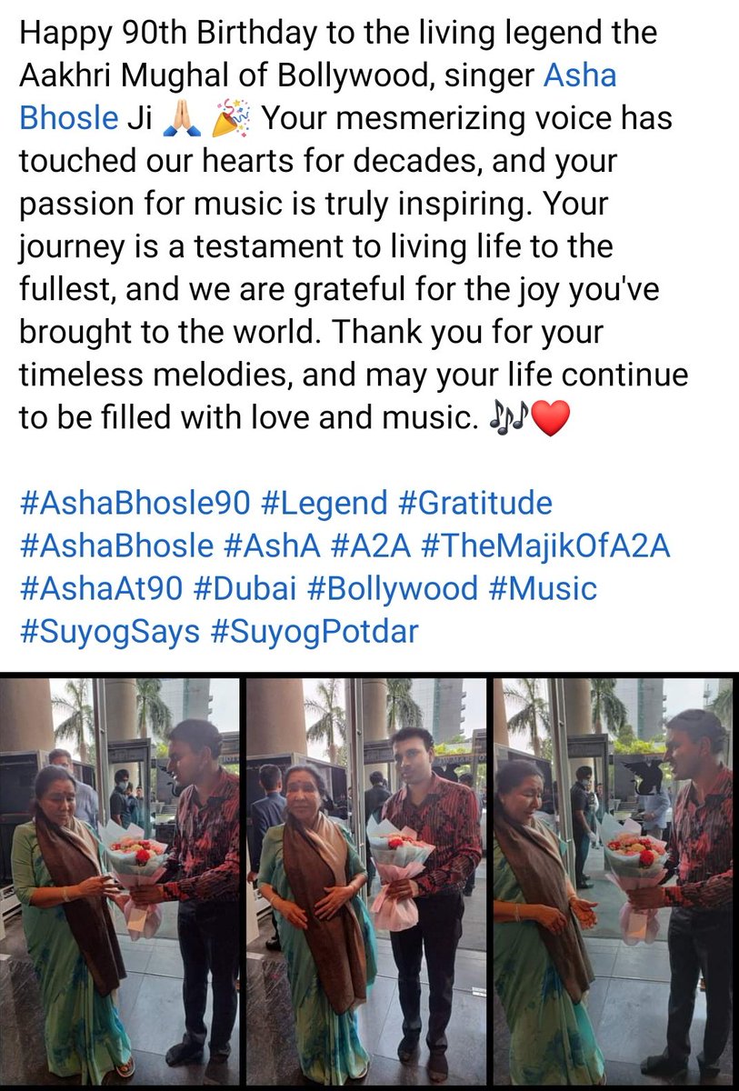 Wishing you a very Happy 90th Birthday, great health and joyous life <a href="/ashabhosle/">ashabhosle</a> Aaji ❤️🙏🏻 
Lots and lots of love to you 💐🎉
And Best wishes for the iconic #AshaAt90 show in #Dubai 😍

#HappyBirthdayAshaBhosle #AshaBhosle #SuyogPotdar #A2A #TheMajikOfA2A