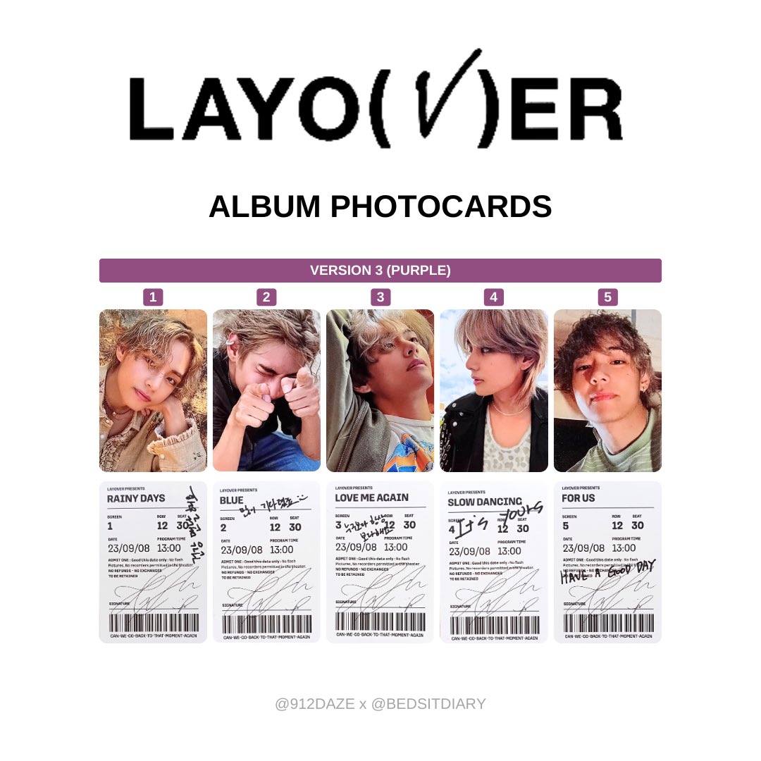 V - LAYOVER Album PCs #LAYOVER_V 💜 Version 3 (Purple) Photocards & Postcards 📸 cr. @bedsitdiary HD photos in thread below! 👇