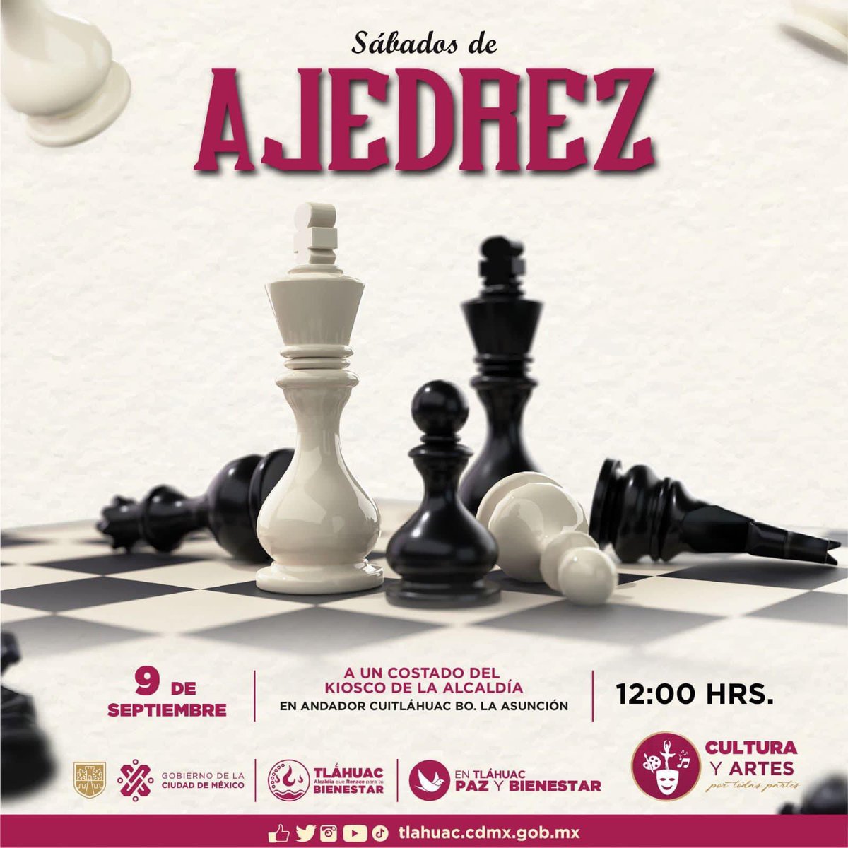 VEN Y JUGUEMOS AJEDREZ ♟️ Este 9 de septiembre te esperamos a una clase más de ajedrez en el kiosco de la alcaldía en punto de las 12:00 hrs. Ven, aprende sobre técnicas y estrategias, el ajedrez es la mejor forma de ejercitar tu cerebro. 🧠 #Tláhuac #RenaceParaTuBienestar